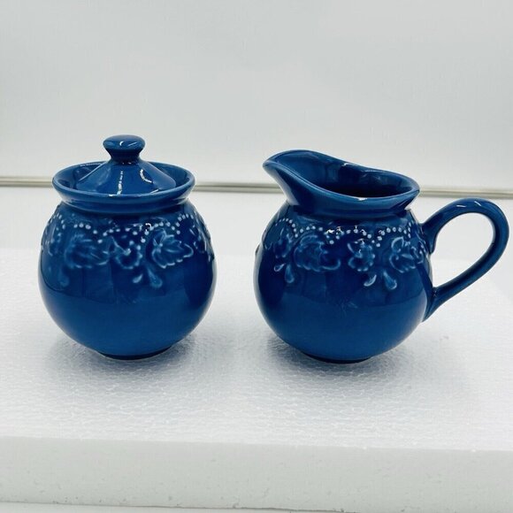 Vera Bradley Cream and Sugar Blue Ceramic Water J Willfred Portugal - Picture 1 of 8